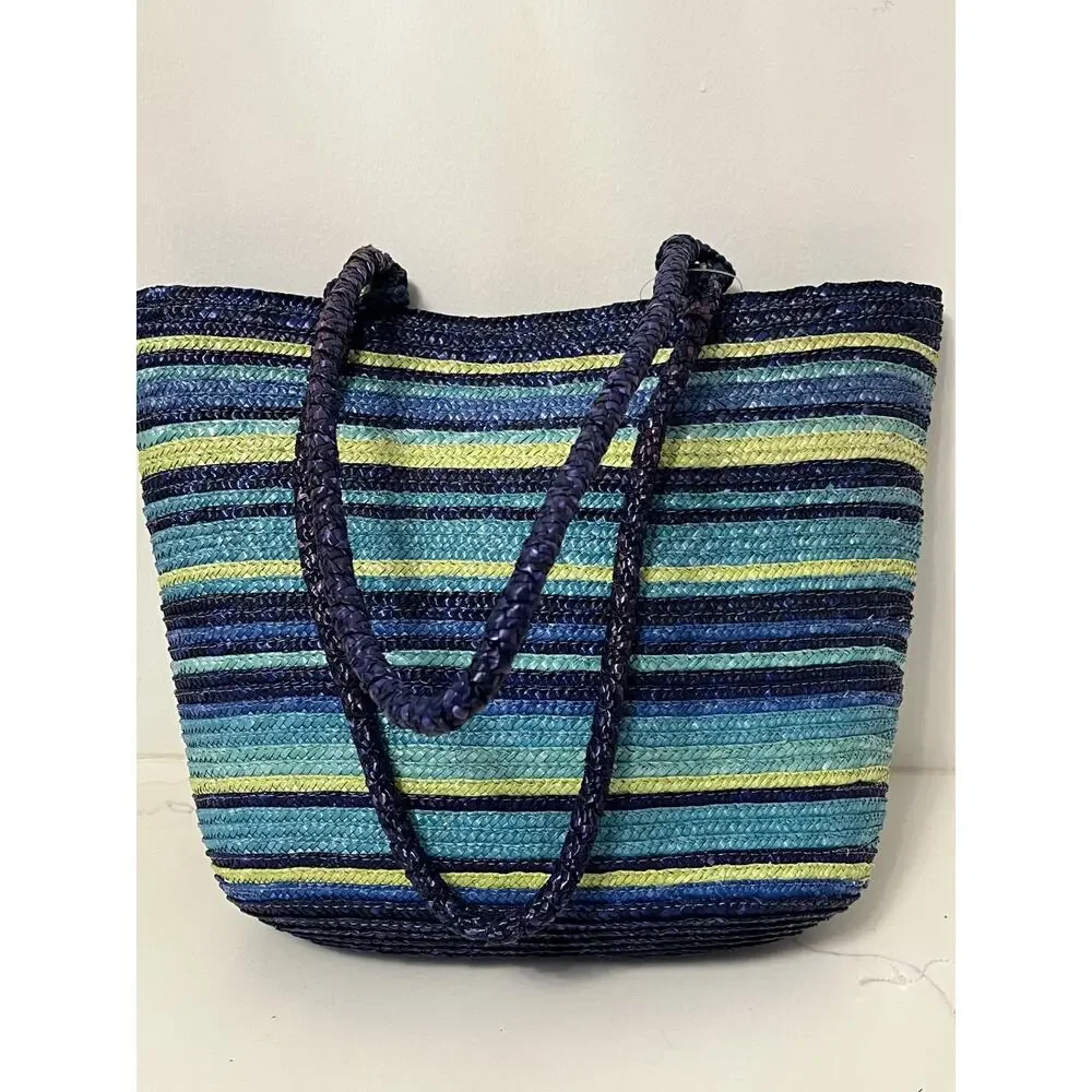 Faded Glory Wheat Straw Multi Striped Tote/Shoulder/Beach Bag NWOT - Picture 2 of 5